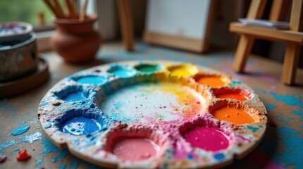 An artist's palette is filled with vibrant paints in bold shades of cobalt blue, bright fuchsia, and sunny yellow.