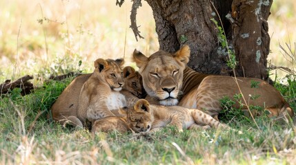 Naklejka premium Lioness Grooming Cubs in Gentle Shade of Tree