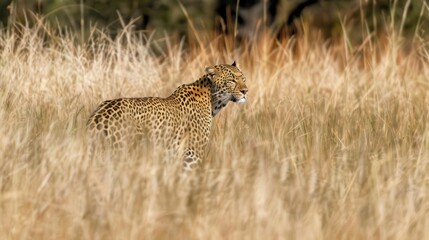 Leopard Stealthily Stalking Its Prey in Tall Grass