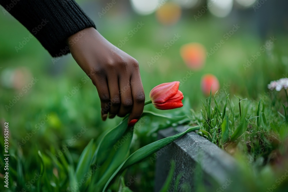 Poster a close-up of a hand interacting with a red tulip, highlighting the grace and serenity in this touch
