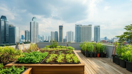 Fototapeta premium A serene rooftop garden with gardening tools and city skyline views, Urban oasis gardening style, photo of