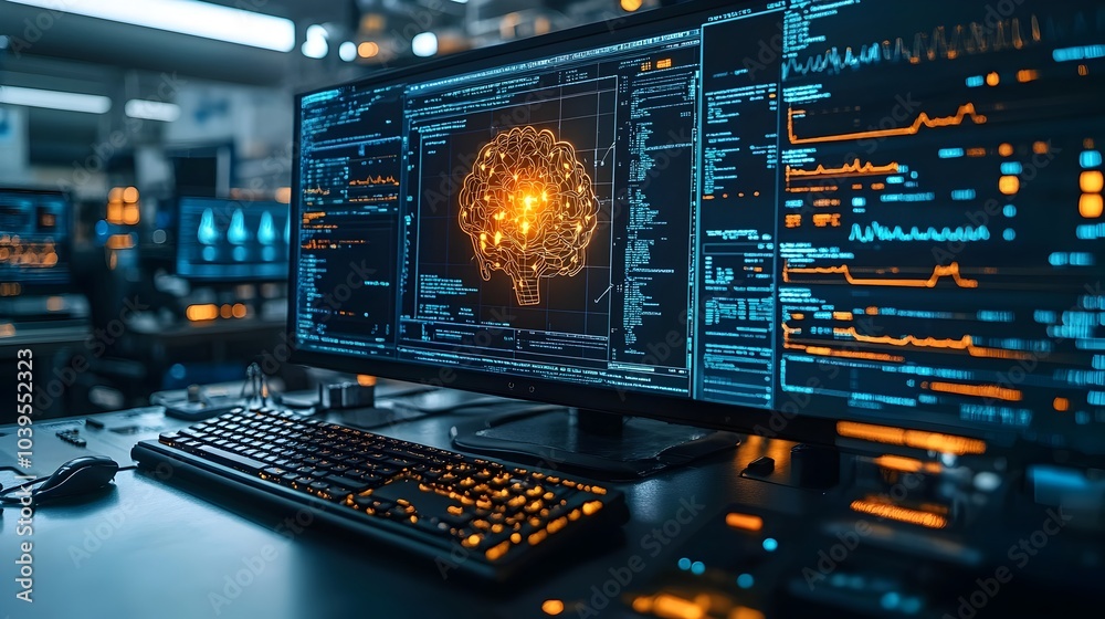 Leinwandbilder Digital Brain Neural Network Interface Dashboard with Futuristic HUD Analytics and Visualization on Computer Screen Representing Intelligence,Big Data and Advanced Technology