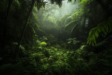 Fototapeta premium A dense jungle scene with an abundance of ferns and palm leaves, showcasing the vibrant and thriving nature of the rainforest's rich and diverse ecosystem.