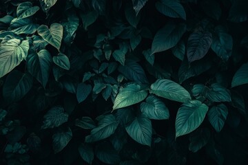 A moody and enigmatic composition displaying dense, overlapping tropical leaves in deep shades of green. A perfect representation of natural beauty's mystery.
