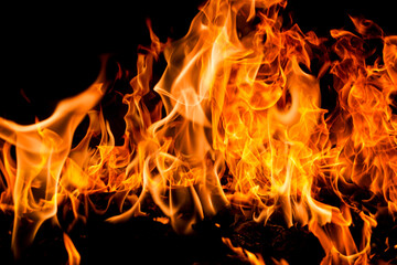 Fototapeta premium Fire flames on black background. Blaze fire flame texture. Fire flame with copy space. Blaze fire flame textured background. Flames on black background.