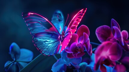 Neon Butterfly on Orchid Blooms