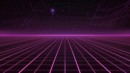 Retrofuturistic Landscape with Glowing Grid and Stars