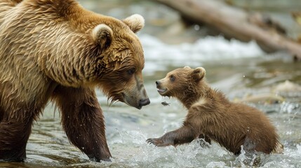 Obraz premium Mother Bear Teaching Cub to Fish in Flowing Water