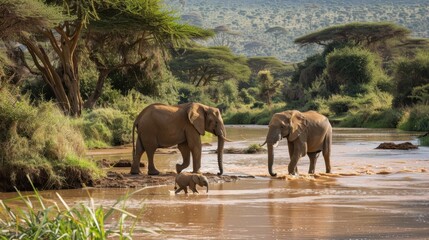 Naklejka premium Mother Elephant Guiding Calf Across River in Nature