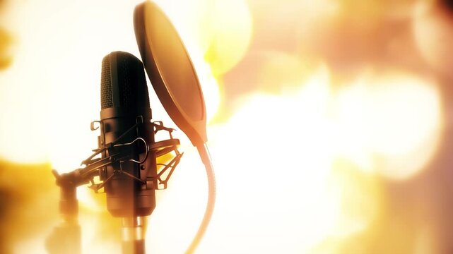 Black professional microphone on a stand. Pop filter installed on the microphone. A romantically toned background with empty space for titles.