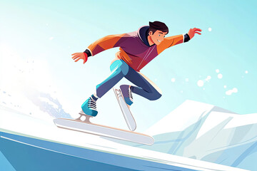 Obraz premium A man ice skating on a frozen lake, leaping in the air with a bright smile.