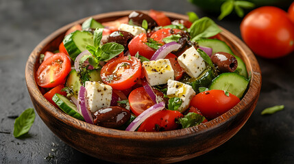 A vibrant Greek salad with ripe tomatoes, cucumbers, red onions, Kalamata olives, and feta cheese, drizzled with olive oil and sprinkled with oregano, served in a rustic wooden bowl