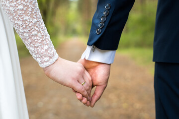 A pair of newlyweds holding hands.
