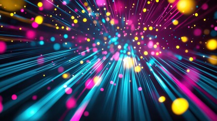 Fototapeta premium captivating abstract background with intense bursts of neon yellow, turquoise, and magenta on a dark backdrop, interplay of radiant lines and illuminated dots delivers a dynamic, futuristic impression