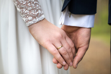 A pair of newlyweds holding hands.
