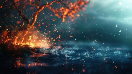 Mystical Burning Tree by a Watery Surface