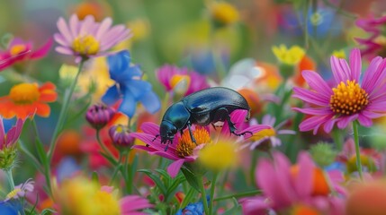 Fototapeta premium Beetle Crawling Over Colorful Flowers