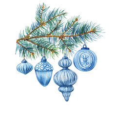 Holidays Christmas, Happy New Year banner with Christmas tree toys - icicle, balls in blue retro style. Watercolor hand drawn illustration on white background.