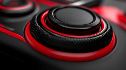  A tight shot of a red and black control knob on a black and red game controller, featuring black and red buttons