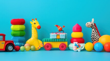 Obraz premium Colorful children's toys arranged on a bright blue background.