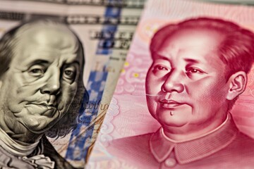 Fototapeta premium US Dollar vs Chinese Yuan, Banknotes Face Off, Representing International Currency Competition
