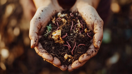 Close-up of hands holding rich, dark compost mixed with bits of organic matter like eggshells and vegetable peels. Tiny worms crawl through the compost, showcasing the cycle of life and the importance
