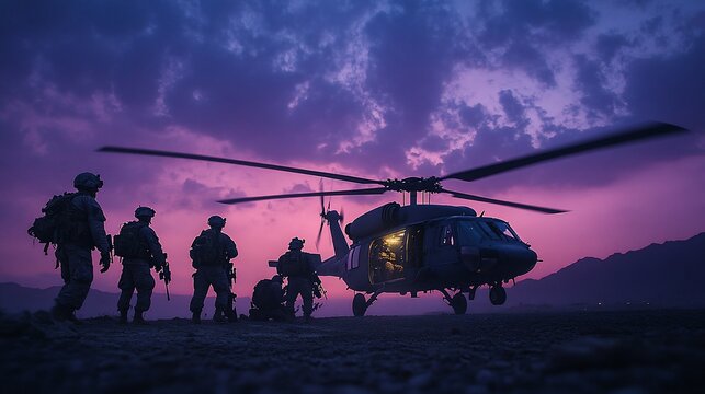 Fototapeta A group of soldiers stand in silhouette against a dramatic purple sunset sky, with a military helicopter in the background.