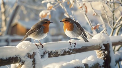 Two birds standing on a snow-covered fence with a winter landscape behind them.