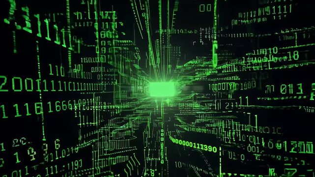 captivating 3D animation features green binary code cascading Matrixstyle effect complete glow black background rendered 4K resolution matrix cyber network technology security render typography