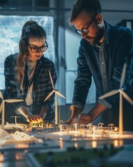 two people looking at a model of a wind farm