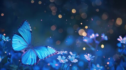 Blue Morpho Butterfly on a Floral Night
