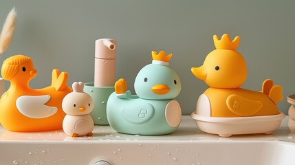 Colorful rubber ducks in various styles and sizes on a soft pastel background.