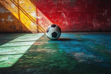 A single soccer ball rests on a vibrant, colorful ground under striking light in an urban setting