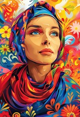 Colorful portrait of a woman in a vibrant headscarf and floral background