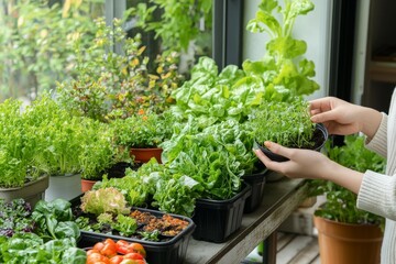 Hands tending to plants in an indoor vegetable garden ideal for urban gardening eco conscious living or sustainable food production projects