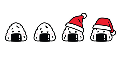 onigiri icon christmas santa claus hat japanese food sushi cartoon character vector logo symbol isolated illustration doodle design clip art