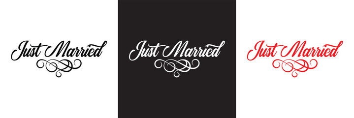 Just married lettering calligraphy.  Vector illustration isolated on white and black background. EPs 10