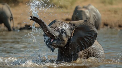 Fototapeta premium Young Elephant Calf Splashing in Shallow Water