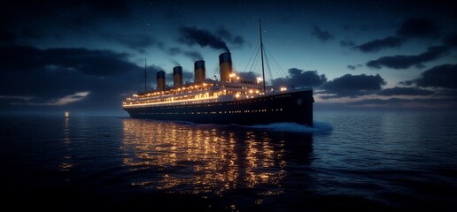 A large passenger ship sails through the dark ocean waters under a cloudy night sky.