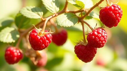 Ripe Red Raspberries on Branch,