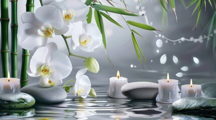 Zen Garden Still Life with White Orchids and Candles