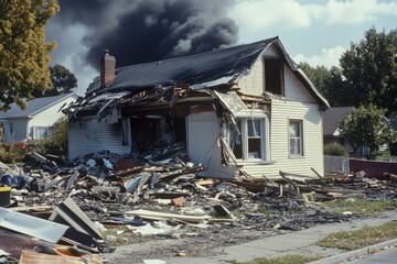 A destroyed house with heavy smoke rising from the remains, scattered debris across the front yard, representing a catastrophic fire destruction in a suburban area.