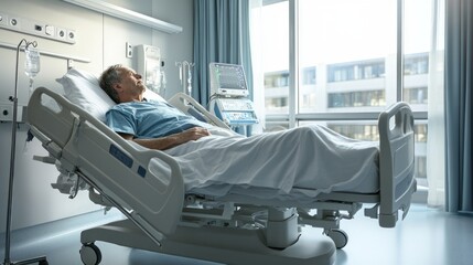 A man is laying in a hospital bed