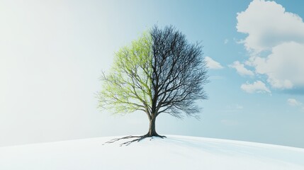 Fototapeta premium A striking tree showcases a vivid split between vibrant green leaves on one side and barren branches on the other, symbolizing the contrast between life and dormancy.