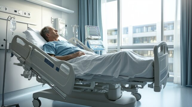 A man is laying in a hospital bed
