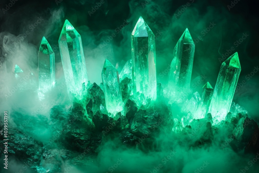Poster Vibrant green crystal structures are beautifully illuminated by a surrounding glowing mist, creating a captivating and mystical visual experience.
