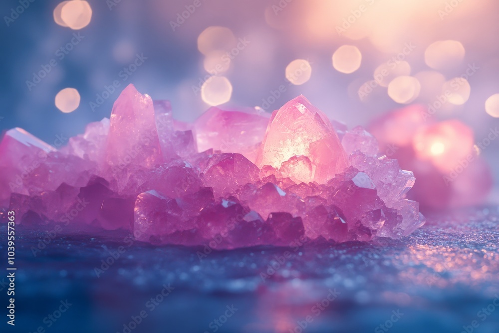 Poster a collection of glowing pink crystals is captured in a dreamy landscape accentuated by soft bokeh li