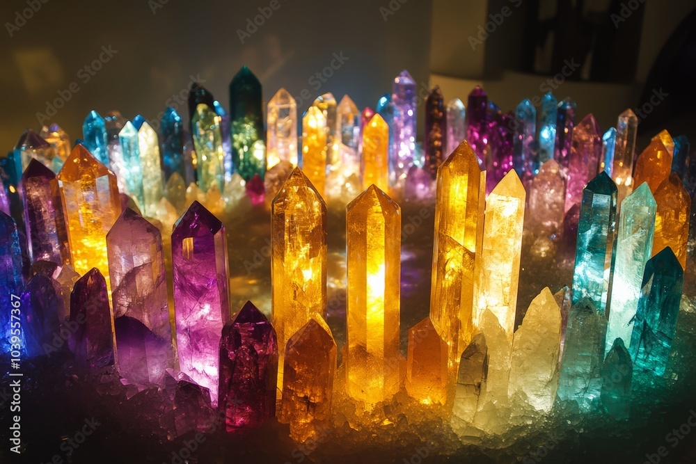 Poster A captivating circle of colorful crystal towers radiating light, creating a mystical and ethereal atmosphere that captivates viewers with its shimmering hues.