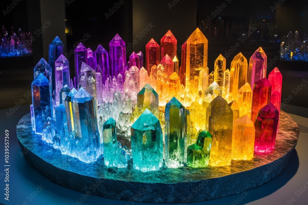 Aufkleber A vivid cityscape of crystals with a gradient color scheme and neon glow captures the essence of modernity and innovation, vibrant with life and possibilities.