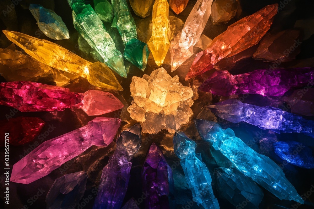 Poster A dazzling array of colorful crystals arranged in a radiant star pattern, this image exudes vibrancy and creativity while inspiring imagination and exploration.